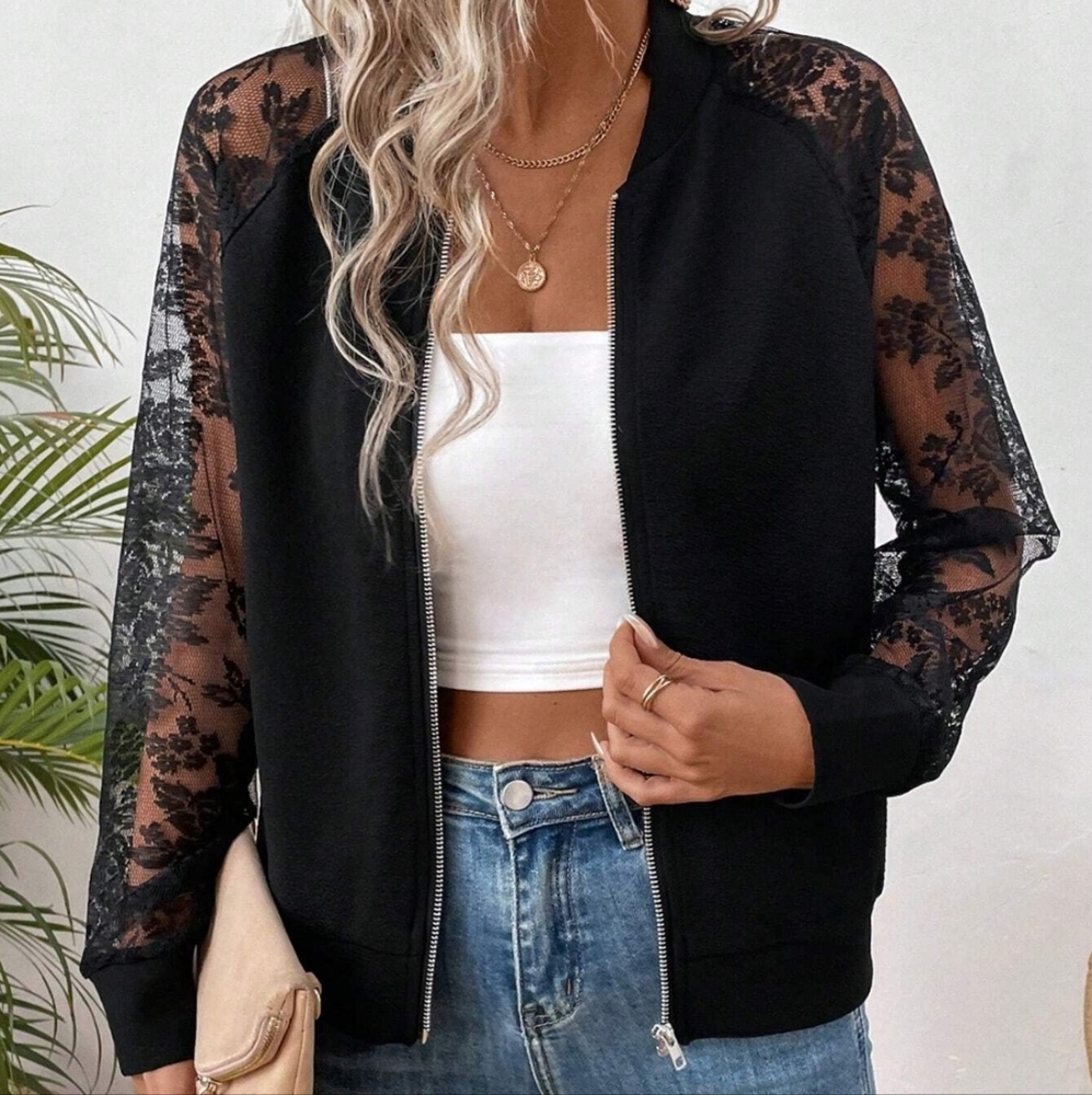 Elegant Black Lace Sleeve Women's Jacket